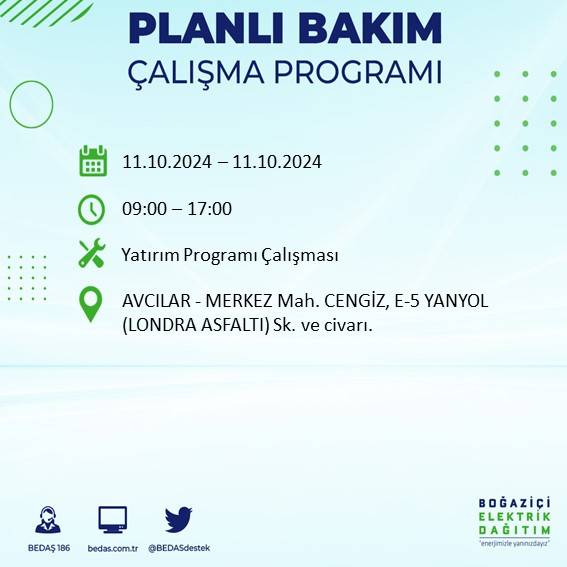 BEDAŞ duyurdu: İstanbul'da 11 Ekim Cuma günü elektrik kesintisi yaşanacak ilçeler 36