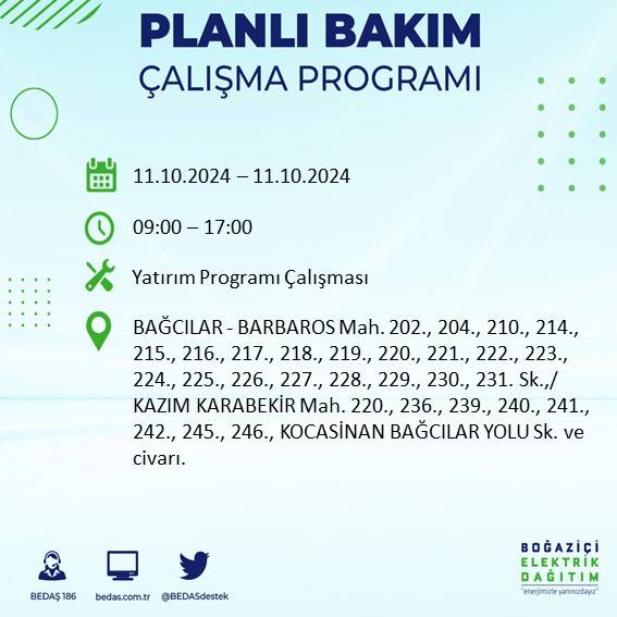 BEDAŞ duyurdu: İstanbul'da 11 Ekim Cuma günü elektrik kesintisi yaşanacak ilçeler 45