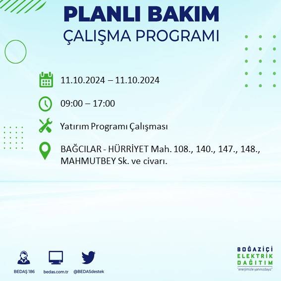 BEDAŞ duyurdu: İstanbul'da 11 Ekim Cuma günü elektrik kesintisi yaşanacak ilçeler 44