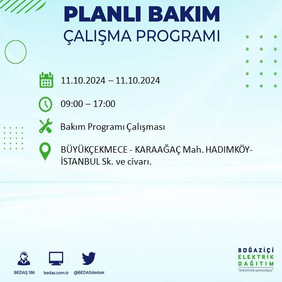 BEDAŞ duyurdu: İstanbul'da 11 Ekim Cuma günü elektrik kesintisi yaşanacak ilçeler 17