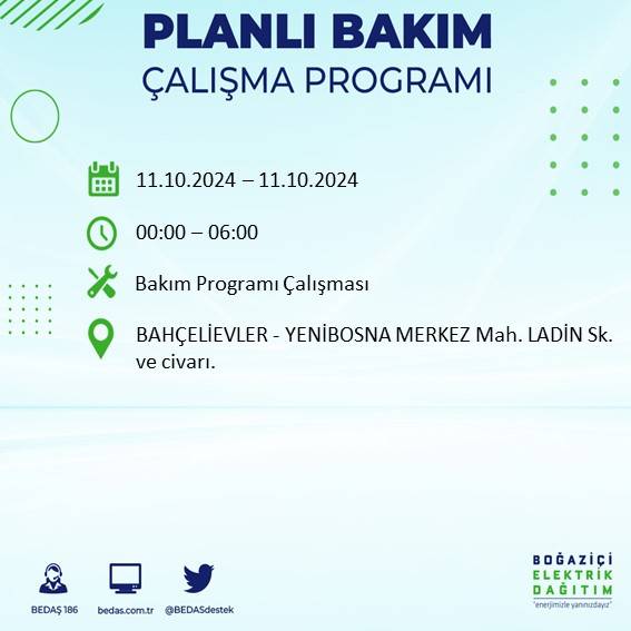 BEDAŞ duyurdu: İstanbul'da 11 Ekim Cuma günü elektrik kesintisi yaşanacak ilçeler 32