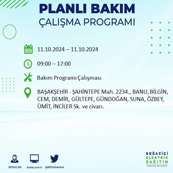 BEDAŞ duyurdu: İstanbul'da 11 Ekim Cuma günü elektrik kesintisi yaşanacak ilçeler 24