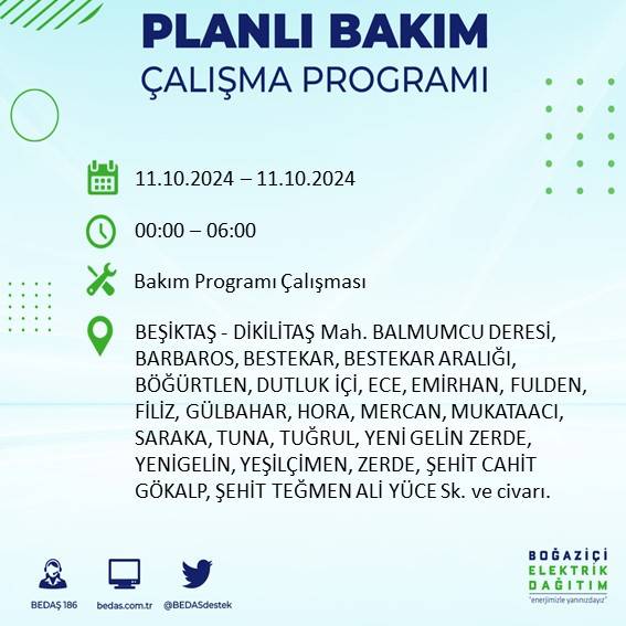 BEDAŞ duyurdu: İstanbul'da 11 Ekim Cuma günü elektrik kesintisi yaşanacak ilçeler 27