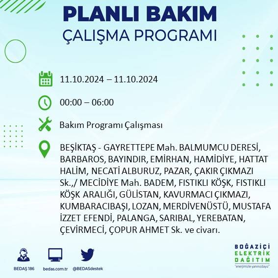 BEDAŞ duyurdu: İstanbul'da 11 Ekim Cuma günü elektrik kesintisi yaşanacak ilçeler 25