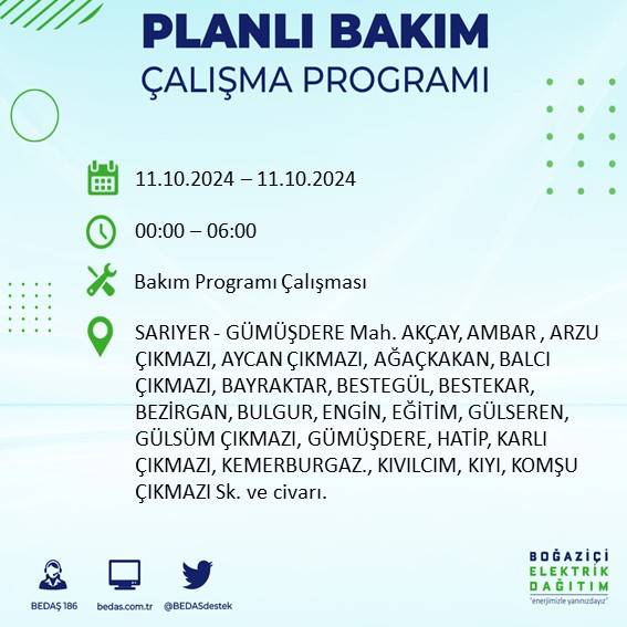 BEDAŞ duyurdu: İstanbul'da 11 Ekim Cuma günü elektrik kesintisi yaşanacak ilçeler 63