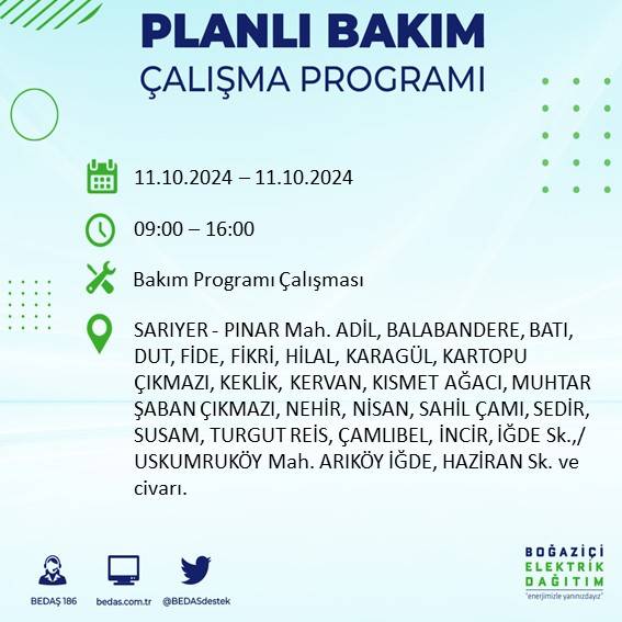 BEDAŞ duyurdu: İstanbul'da 11 Ekim Cuma günü elektrik kesintisi yaşanacak ilçeler 62