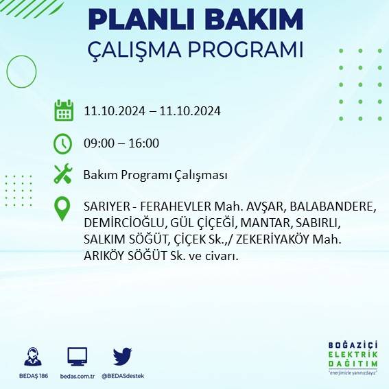 BEDAŞ duyurdu: İstanbul'da 11 Ekim Cuma günü elektrik kesintisi yaşanacak ilçeler 58