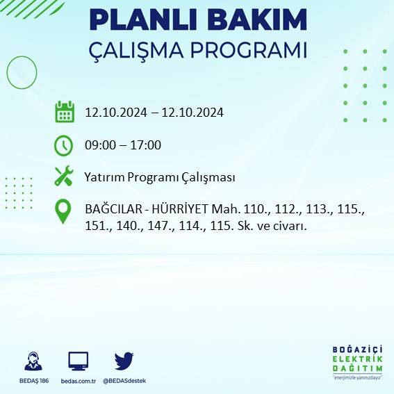 BEDAŞ'tan açıklama: İstanbul'da 12 Ekim'de elektrik kesintisi yaşanacak, hangi ilçeler etkilenecek? 11