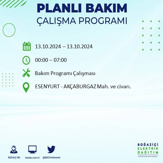 BEDAŞ duyurdu: İstanbul'da 13 Ekim'de elektrik kesintisi yaşanacak ilçeler 12