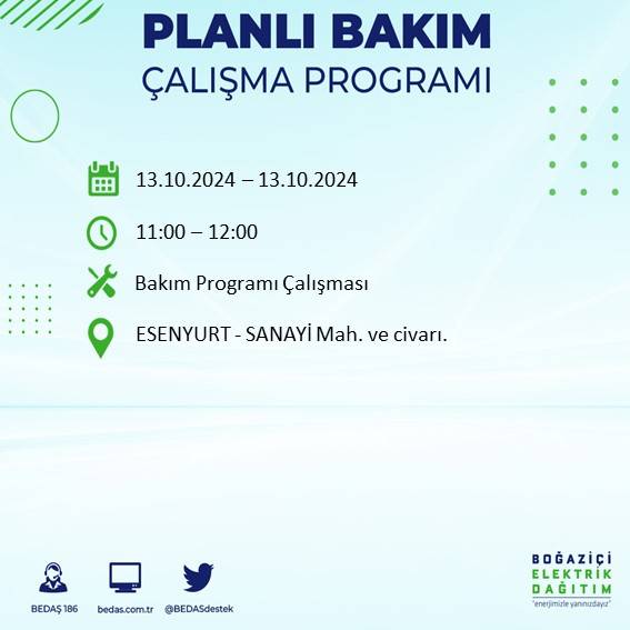 BEDAŞ duyurdu: İstanbul'da 13 Ekim'de elektrik kesintisi yaşanacak ilçeler 11