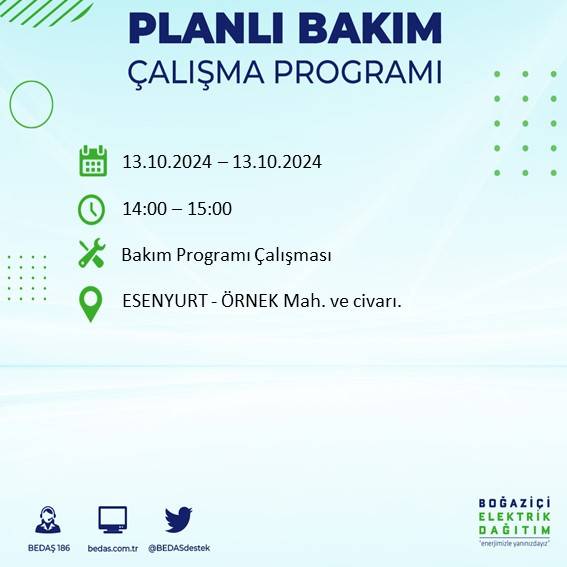 BEDAŞ duyurdu: İstanbul'da 13 Ekim'de elektrik kesintisi yaşanacak ilçeler 14