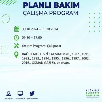 BEDAŞ duyurdu: İstanbul'da 30 Ekim'de elektrik kesintisi yaşanacak ilçeler 10