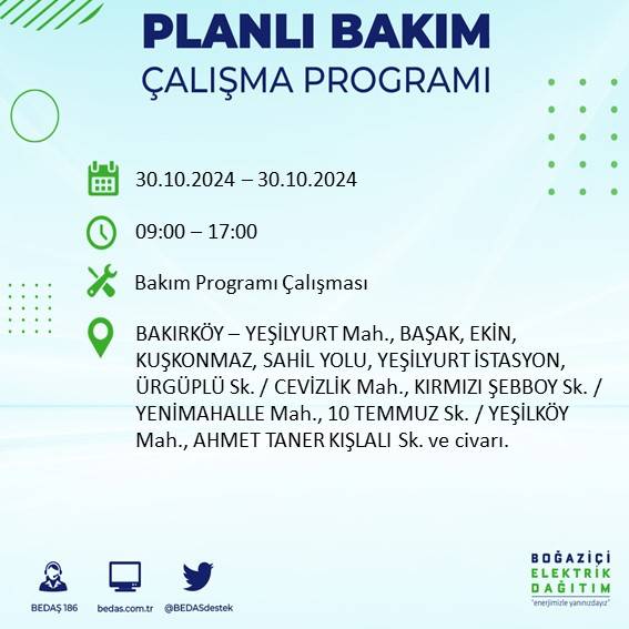 BEDAŞ duyurdu: İstanbul'da 30 Ekim'de elektrik kesintisi yaşanacak ilçeler 12