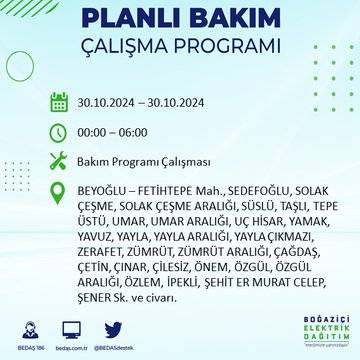 BEDAŞ duyurdu: İstanbul'da 30 Ekim'de elektrik kesintisi yaşanacak ilçeler 21