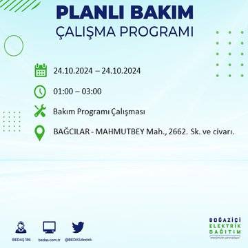 24 Ekim Perşembe günü İstanbul'da elektrik kesintisi yaşanacak ilçeler... 16