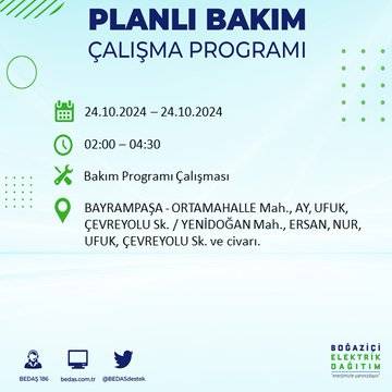 24 Ekim Perşembe günü İstanbul'da elektrik kesintisi yaşanacak ilçeler... 22