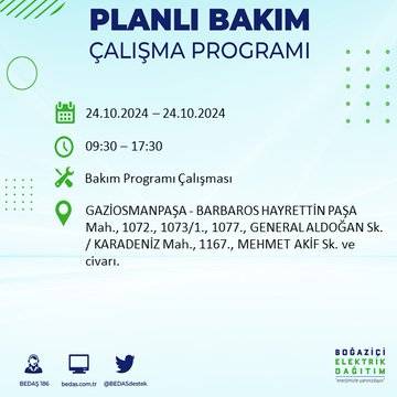 24 Ekim Perşembe günü İstanbul'da elektrik kesintisi yaşanacak ilçeler... 52