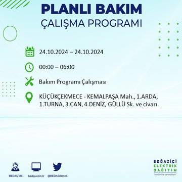 24 Ekim Perşembe günü İstanbul'da elektrik kesintisi yaşanacak ilçeler... 59