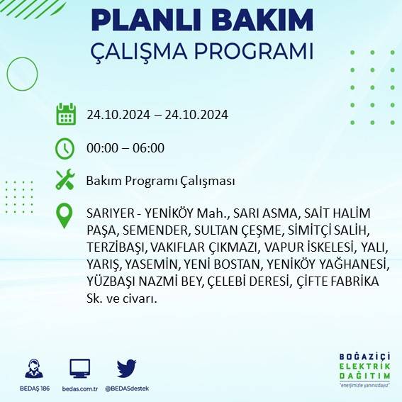 24 Ekim Perşembe günü İstanbul'da elektrik kesintisi yaşanacak ilçeler... 67