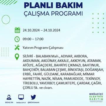 24 Ekim Perşembe günü İstanbul'da elektrik kesintisi yaşanacak ilçeler... 71