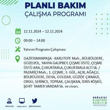 BEDAŞ, 12 Kasım’da İstanbul’da elektrik kesintisi olacak bölgeleri açıkladı 25