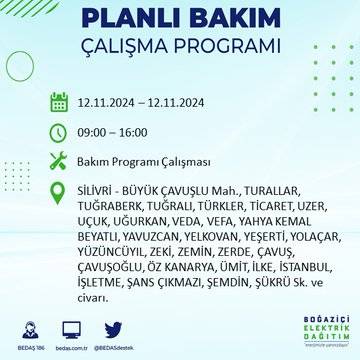 BEDAŞ, 12 Kasım’da İstanbul’da elektrik kesintisi olacak bölgeleri açıkladı 7