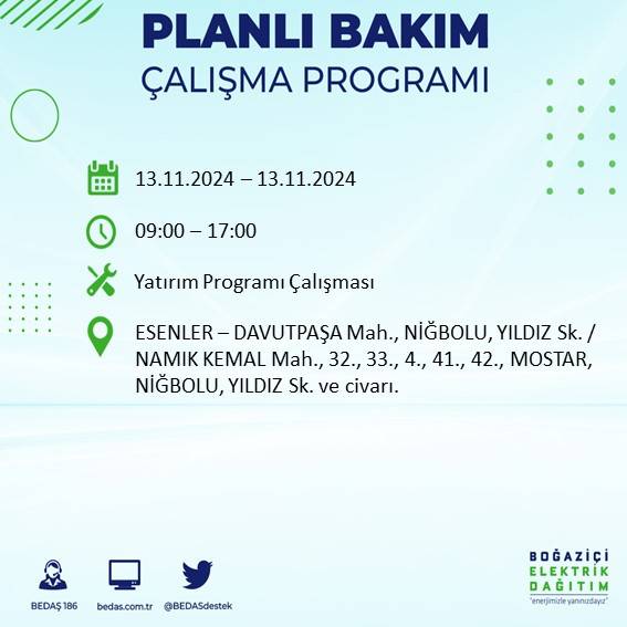 İstanbul'da 13 Kasım'da elektrik kesintisi olacak! İşte etkilenecek ilçe ve mahalleler 33