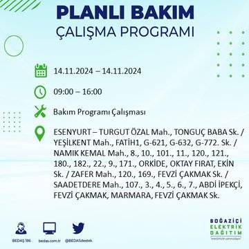 BEDAŞ, 14 Kasım’da İstanbul'da elektrik kesintisi yapılacak bölgeleri açıkladı 24