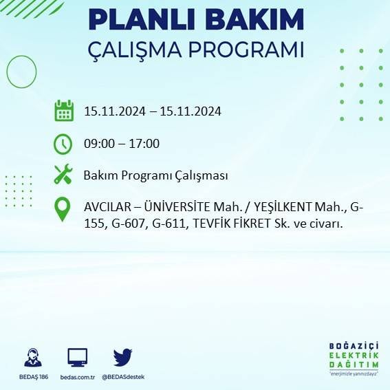 BEDAŞ paylaştı: İstanbul'da 15 Kasım'da elektrik kesintisi yaşanacak ilçeler 48