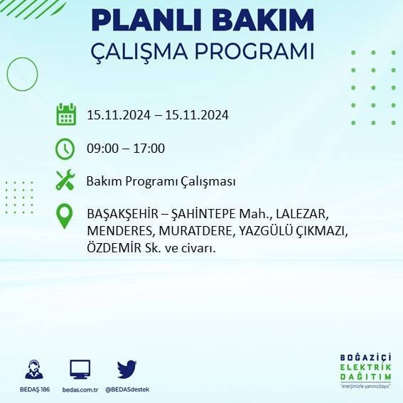 BEDAŞ paylaştı: İstanbul'da 15 Kasım'da elektrik kesintisi yaşanacak ilçeler 42