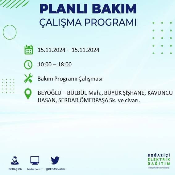 BEDAŞ paylaştı: İstanbul'da 15 Kasım'da elektrik kesintisi yaşanacak ilçeler 32