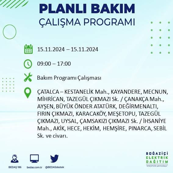 BEDAŞ paylaştı: İstanbul'da 15 Kasım'da elektrik kesintisi yaşanacak ilçeler 22