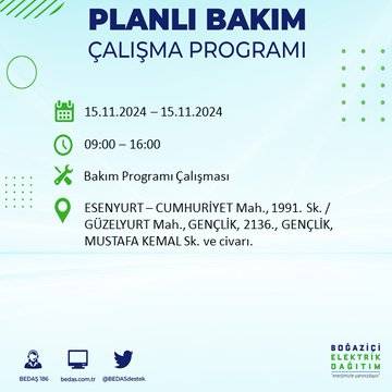 BEDAŞ paylaştı: İstanbul'da 15 Kasım'da elektrik kesintisi yaşanacak ilçeler 19