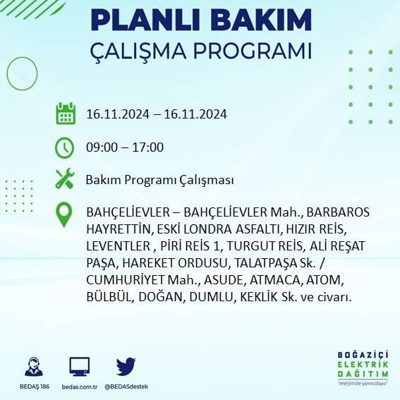 İstanbul'da elektrik kesintisi uyarısı: BEDAŞ 16 Kasım'da hangi ilçelerde kesinti olacağını açıkladı 41