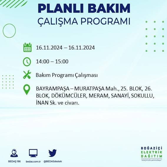 İstanbul'da elektrik kesintisi uyarısı: BEDAŞ 16 Kasım'da hangi ilçelerde kesinti olacağını açıkladı 40