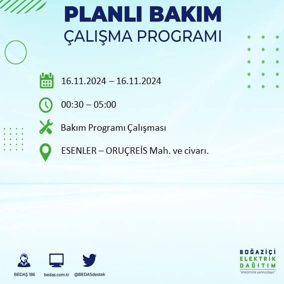 İstanbul'da elektrik kesintisi uyarısı: BEDAŞ 16 Kasım'da hangi ilçelerde kesinti olacağını açıkladı 27