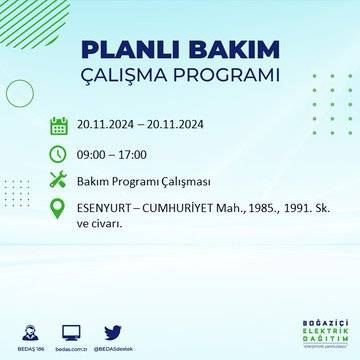 İstanbul’da 20 Kasım elektrik kesintisi yaşanacak: İşte etkilenecek ilçeler 31