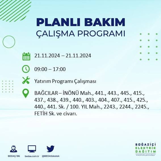 İstanbul'da 21 Kasım elektrik kesintisi: BEDAŞ'ın duyurduğu bölgeler 42