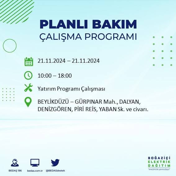 İstanbul'da 21 Kasım elektrik kesintisi: BEDAŞ'ın duyurduğu bölgeler 32