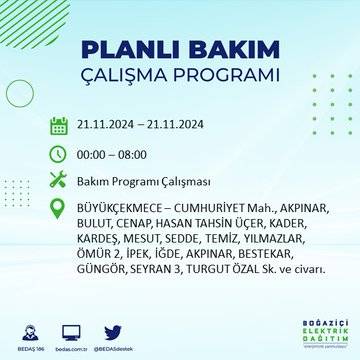 İstanbul'da 21 Kasım elektrik kesintisi: BEDAŞ'ın duyurduğu bölgeler 28