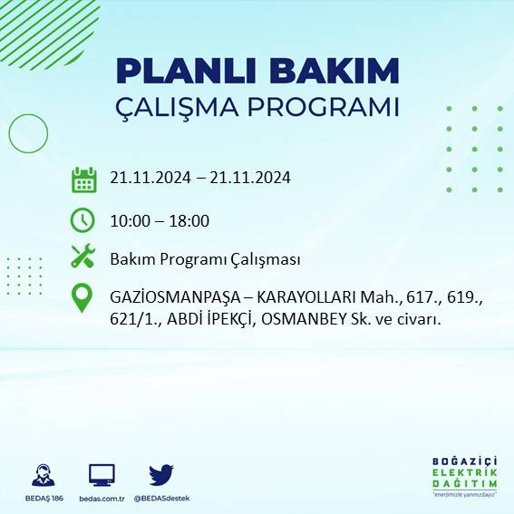 İstanbul'da 21 Kasım elektrik kesintisi: BEDAŞ'ın duyurduğu bölgeler 22