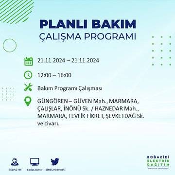 İstanbul'da 21 Kasım elektrik kesintisi: BEDAŞ'ın duyurduğu bölgeler 18