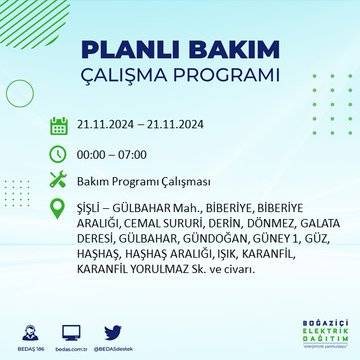 İstanbul'da 21 Kasım elektrik kesintisi: BEDAŞ'ın duyurduğu bölgeler 1