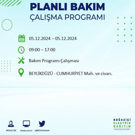 BEDAŞ, 5 Aralık’ta İstanbul’da elektrik kesintisi olacak ilçeleri açıkladı 23