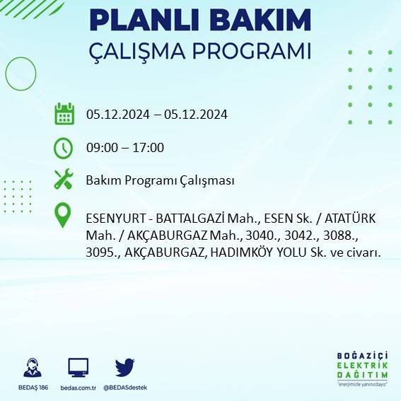 BEDAŞ, 5 Aralık’ta İstanbul’da elektrik kesintisi olacak ilçeleri açıkladı 16