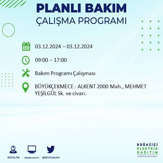 BEDAŞ, 3 Aralık'ta İstanbul'da elektrik kesintisi yapılacak bölgeleri açıkladı 33