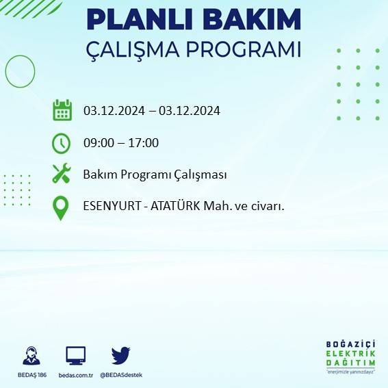 BEDAŞ, 3 Aralık'ta İstanbul'da elektrik kesintisi yapılacak bölgeleri açıkladı 27