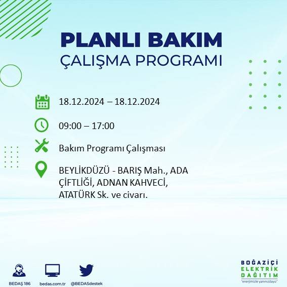 İstanbul'da 18 Aralık'ta elektrik kesintisi yapılacak ilçe ve mahalleler belli oldu 79