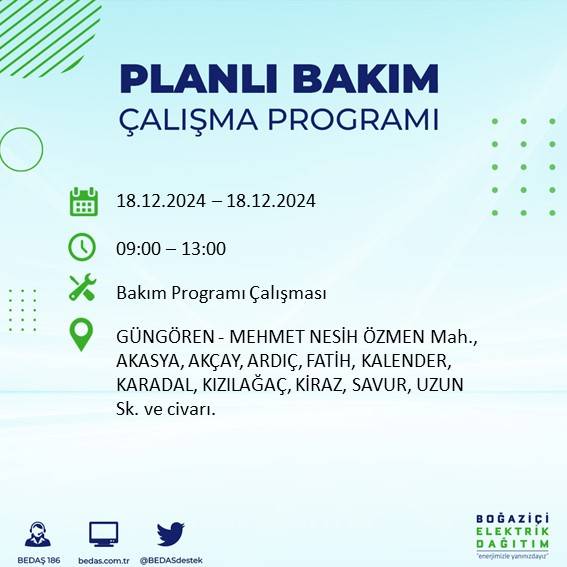 İstanbul'da 18 Aralık'ta elektrik kesintisi yapılacak ilçe ve mahalleler belli oldu 19