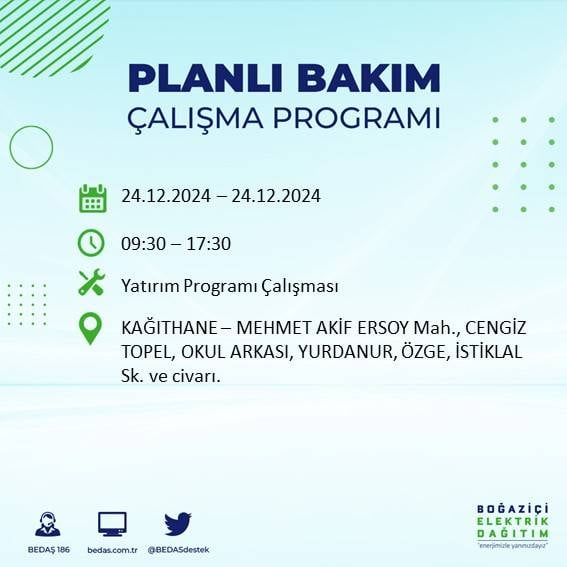 BEDAŞ’tan 24 Aralık için elektrik kesintisi duyurusu 24